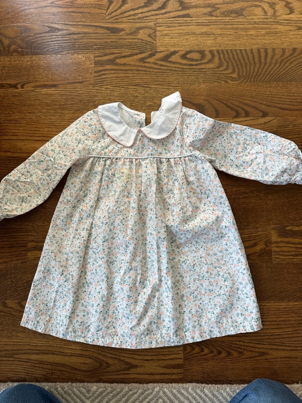 Girls' Floral Long-Sleeve Dress with Peter Pan Collar - White/Pastel